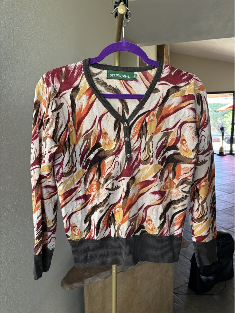 Spring Abstract Merino Wool Button Cardigan Brown Trim